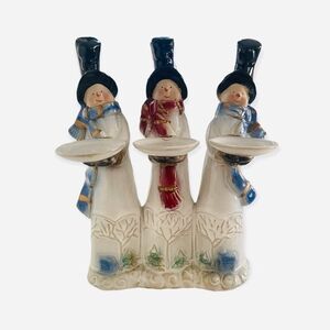 Vintage ELEMENTS Snowmen Trio Candle Holder Ceramic Christmas Tabletop Figurine